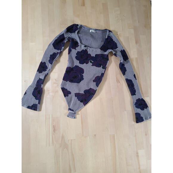 Free People Floral Knit Square Neckline Fairy Whimsygoth Bodysuit - Picture 2 of 9